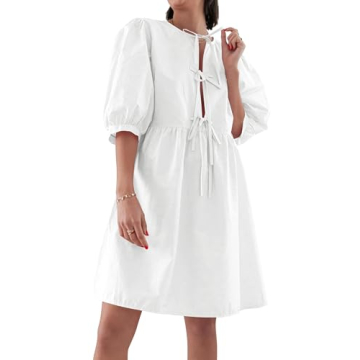 BAIGRAM Women Y2K Babydoll Peplum Dress - Puff Sleeve Bow Tie Front Trendy Summer Dress