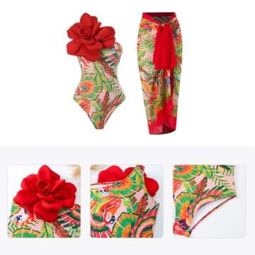 ODASDO Women's One Piece Swimsuit with Beach Cover Ups Wrap Skirt Sarong Retro Floral Print One Shoulder Bodysuit Monokini Two Piece Bathing Suit Tummy Control Swimwear Beachwear Red Flower XL
