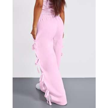 MISSACTIVER Women Side Bow Tie Wide Leg Sweatpants High Waisted Baggy Flared Joggers Drawstring Waistband Pants with Pocket Pink
