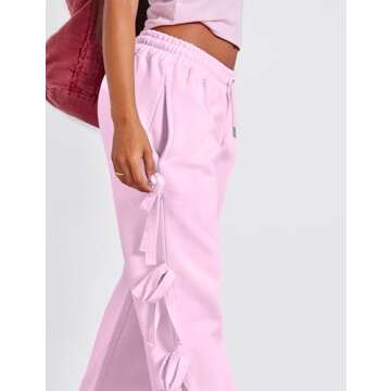 MISSACTIVER Women Side Bow Tie Wide Leg Sweatpants High Waisted Baggy Flared Joggers Drawstring Waistband Pants with Pocket Pink