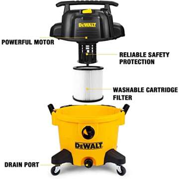 DEWALT 9 Gallon Poly Wet/Dry Vac DXV09PZ, Shop Vacuum for Workshop/Jobsite Yellow