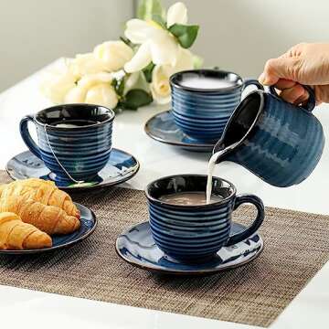 Hasense Tea Cups and Saucers, 8 oz Cappuccino Cups Set of 6, Porcelain Espresso Cup with Handle for Coffee Drink, Cappuccino, Latte, Cafe Macha and Tea - Navy Blue