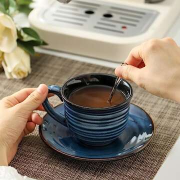 Hasense Tea Cups and Saucers, 8 oz Cappuccino Cups Set of 6, Porcelain Espresso Cup with Handle for Coffee Drink, Cappuccino, Latte, Cafe Macha and Tea - Navy Blue