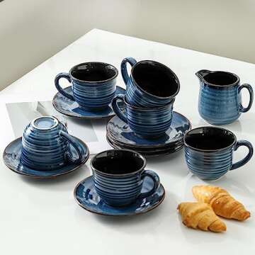 Hasense Tea Cups and Saucers, 8 oz Cappuccino Cups Set of 6, Porcelain Espresso Cup with Handle for Coffee Drink, Cappuccino, Latte, Cafe Macha and Tea - Navy Blue