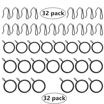 32 Pieces Metal Drapery Curtain Rings Curtain Hanging Rings and 32 Pieces Metal Curtain Drapery Pin Hooks for Window Door Shower Curtain, 30 mm/1.18 inch Internal Diameter (Black)