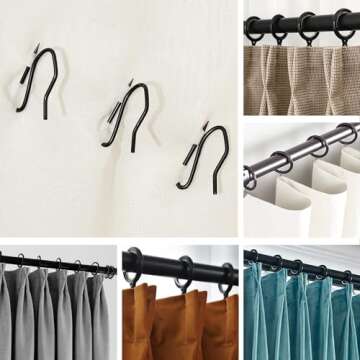 32 Pieces Metal Drapery Curtain Rings Curtain Hanging Rings and 32 Pieces Metal Curtain Drapery Pin Hooks for Window Door Shower Curtain, 30 mm/1.18 inch Internal Diameter (Black)