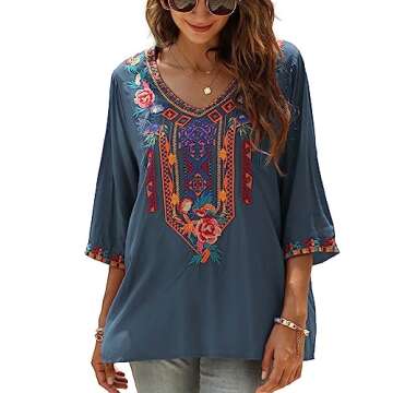 LauraKlein Women's Summer Boho Embroiderered Mexican Tops Bohemian V Neck 3/4 Sleeve Blouse for Wome...