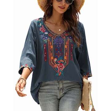 LauraKlein Women's Summer Boho Embroiderered Mexican Tops Bohemian V Neck 3/4 Sleeve Blouse for Women Causal Loose Hippie Shirt Tunic(Grey-S)