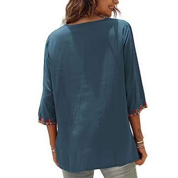 LauraKlein Women's Summer Boho Embroiderered Mexican Tops Bohemian V Neck 3/4 Sleeve Blouse for Women Causal Loose Hippie Shirt Tunic(Grey-S)