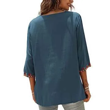 LauraKlein Women's Summer Boho Embroiderered Mexican Tops Bohemian V Neck 3/4 Sleeve Blouse for Women Causal Loose Hippie Shirt Tunic(Grey-S)