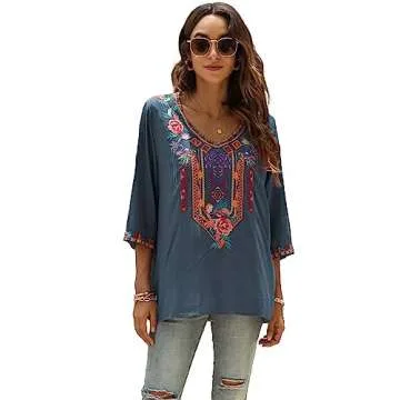 LauraKlein Women's Summer Boho Embroiderered Mexican Tops Bohemian V Neck 3/4 Sleeve Blouse for Women Causal Loose Hippie Shirt Tunic(Grey-S)