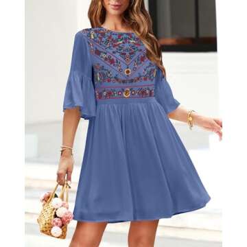 KIRUNDO Women's 2024 Summer Boho Floral Embroidered Mini Babydoll Dress Cute Spring Dresses Casual Bell Sleeve Flowy Tunic Shift Dress, Blue, X-Large