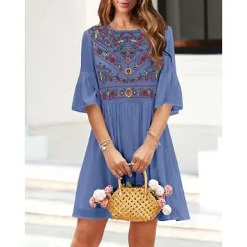 Summer Boho Floral Embroidered Dress for Women