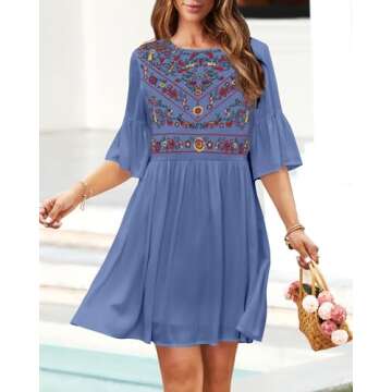 KIRUNDO Women's 2024 Summer Boho Floral Embroidered Mini Babydoll Dress Cute Spring Dresses Casual Bell Sleeve Flowy Tunic Shift Dress, Blue, X-Large
