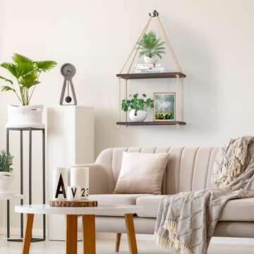 SOLEDI Hanging Shelves, Rope Shelves, Swing Rope Floating Shelf for Decor,Wall Shelf for Plants，Bedroom, Living Room, Bathroom, Office, Kitchen Etc (2 Tier)