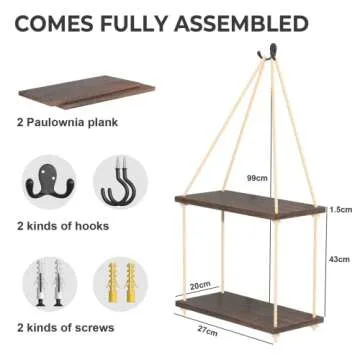 SOLEDI Hanging Shelves, Rope Shelves, Swing Rope Floating Shelf for Decor,Wall Shelf for Plants，Bedroom, Living Room, Bathroom, Office, Kitchen Etc (2 Tier)