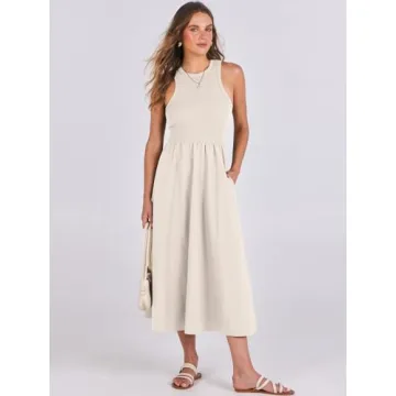 ANRABESS Women's Summer Casual Sleeveless Midi Sundress Patchwork Knit High Neck Tank Top Racerback Flowy Dresses Pockets Beige Small