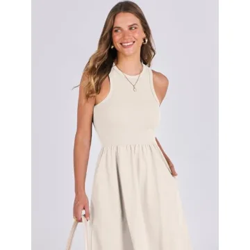 ANRABESS Women's Summer Casual Sleeveless Midi Sundress Patchwork Knit High Neck Tank Top Racerback Flowy Dresses Pockets Beige Small