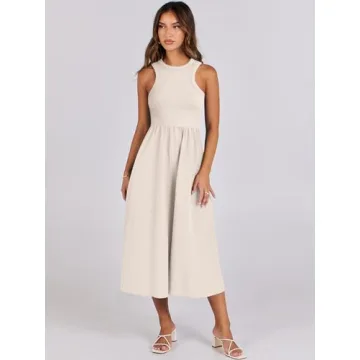 ANRABESS Women's Summer Casual Sleeveless Midi Sundress Patchwork Knit High Neck Tank Top Racerback Flowy Dresses Pockets Beige Small