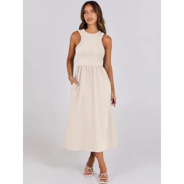 ANRABESS Women's Summer Casual Sleeveless Midi Sundress Patchwork Knit High Neck Tank Top Racerback Flowy Dresses Pockets Beige Small