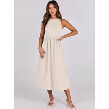 ANRABESS Women's Summer Casual Sleeveless Midi Sundress Patchwork Knit High Neck Tank Top Racerback Flowy Dresses Pockets Beige Small