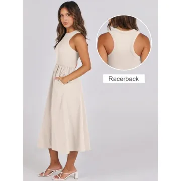 ANRABESS Women's Summer Casual Sleeveless Midi Sundress Patchwork Knit High Neck Tank Top Racerback Flowy Dresses Pockets Beige Small