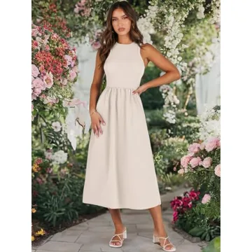 ANRABESS Women's Summer Casual Sleeveless Midi Sundress Patchwork Knit High Neck Tank Top Racerback Flowy Dresses Pockets Beige Small