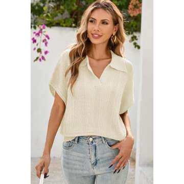Cakulo Spring Summer Crochet Tops for Women 2025 Crop Knit Short Sleeve Polo V Neck Collared Hollow Out Sweater Top Beige S