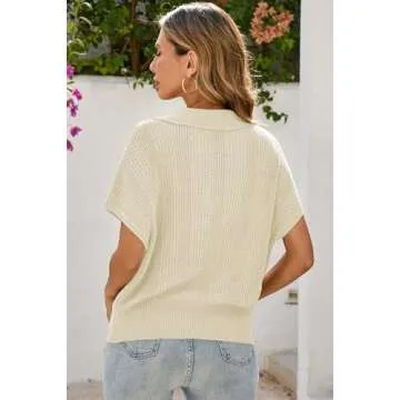 Cakulo Spring Summer Crochet Tops for Women 2025 Crop Knit Short Sleeve Polo V Neck Collared Hollow Out Sweater Top Beige S