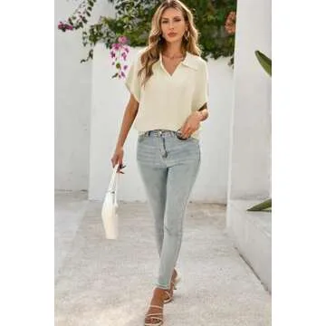 Cakulo Spring Summer Crochet Tops for Women 2025 Crop Knit Short Sleeve Polo V Neck Collared Hollow Out Sweater Top Beige S