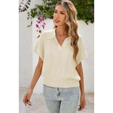 Cakulo Spring Summer Crochet Tops for Women 2025 Crop Knit Short Sleeve Polo V Neck Collared Hollow Out Sweater Top Beige S