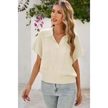 Cakulo Spring Summer Crochet Tops for Women 2025 Crop Knit Short Sleeve Polo V Neck Collared Hollow Out Sweater Top Beige S