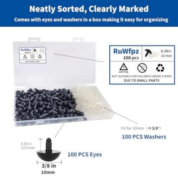 Safety Eyes for Amigurumi Crochet 10mm 3/8" 100Pcs - RuWfpz Doll Stuffed Animal Eyes with Washers, P...