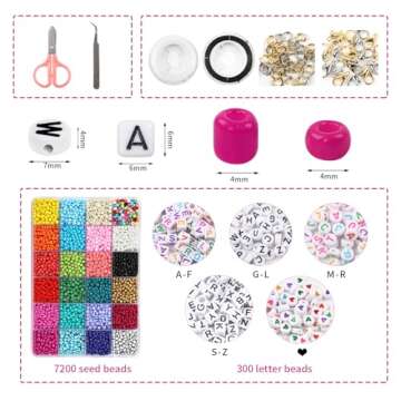 OUTUXED 7200pcs Seed Beads for Friendship Bracelet Kit, 4mm Glass Bracelet Kit and 300pcs Letter Bea...