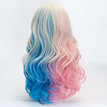 FALAMKA Curly Blonde Wig Cosplay for Women Long Middle Part Blue and Pink Wigs Costume Halloween