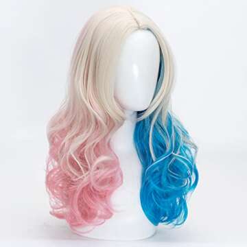 FALAMKA Curly Blonde Wig Cosplay for Women Long Middle Part Blue and Pink Wigs Costume Halloween