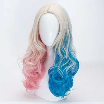 FALAMKA Curly Blonde Wig Cosplay for Women Long Middle Part Blue and Pink Wigs Costume Halloween