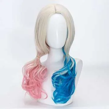 FALAMKA Curly Blonde Wig Cosplay for Women Long Middle Part Blue and Pink Wigs Costume Halloween