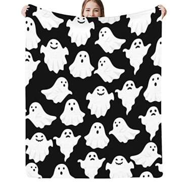 Jbralid Halloween Throw Blankets Funny Ghost Cute Halloween Spooky Black and White Throw Blanket Lig...