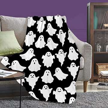 Jbralid Halloween Throw Blankets Funny Ghost Cute Halloween Spooky Black and White Throw Blanket Lightweight Cozy Flannel Blanket for Bedroom Living Rooms Couch Sofa Bed Home Decorations 50x60 Inch