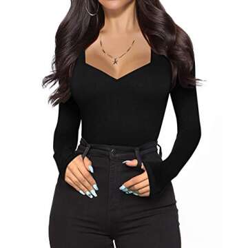 MANGOPOP Sweetheart V Neck Bodysuit for Women Short Sleeve Long Sleeve Body Suits Tops