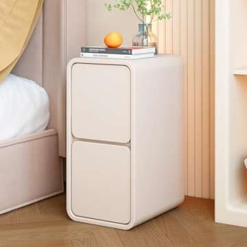 Narrow Wood Nightstand with 2 Drawers, Mid Century Modern Bedside Table White Night Stand Small Nightstand with Leather Surface End Table Side Table for Bedroom