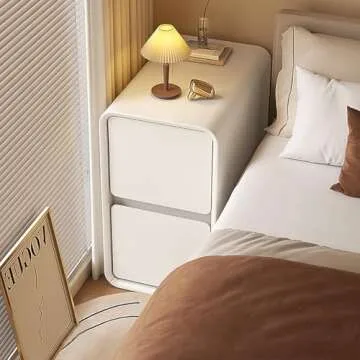 Narrow Wood Nightstand with 2 Drawers, Mid Century Modern Bedside Table White Night Stand Small Nightstand with Leather Surface End Table Side Table for Bedroom