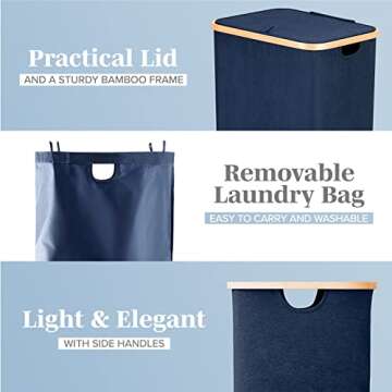LONBET 26 Gal. Laundry Basket with Lid, Made from Breathable Fabric Aesthetic Clothes Hampers for Laundry with Side Handles & Sturdy Bamboo Frame Laundry Hamper with Lid & Removable Bag, Blue