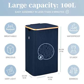 LONBET 26 Gal. Laundry Basket with Lid, Made from Breathable Fabric Aesthetic Clothes Hampers for Laundry with Side Handles & Sturdy Bamboo Frame Laundry Hamper with Lid & Removable Bag, Blue