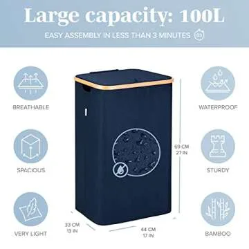 LONBET 26 Gal. Laundry Basket with Lid, Made from Breathable Fabric Aesthetic Clothes Hampers for Laundry with Side Handles & Sturdy Bamboo Frame Laundry Hamper with Lid & Removable Bag, Blue
