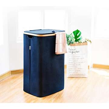 LONBET 26 Gal. Laundry Basket with Lid, Made from Breathable Fabric Aesthetic Clothes Hampers for Laundry with Side Handles & Sturdy Bamboo Frame Laundry Hamper with Lid & Removable Bag, Blue