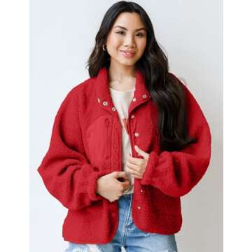 Aoang Women 2024 Fall Fleece Jacket Long Sleeve Casual Winter Lapel Button Fuzzy Sherpa Coats Outwear with Pockets Red,Small