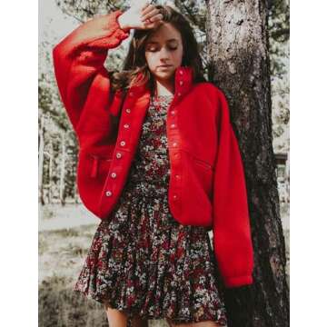 Aoang Women 2024 Fall Fleece Jacket Long Sleeve Casual Winter Lapel Button Fuzzy Sherpa Coats Outwear with Pockets Red,Small