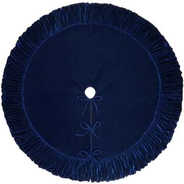 72-Inch Ruffled Velvet Christmas Tree Skirt, Thick Foam-Lined Heavy Duty Fabric with Plush Lace Ties, Royal Blue